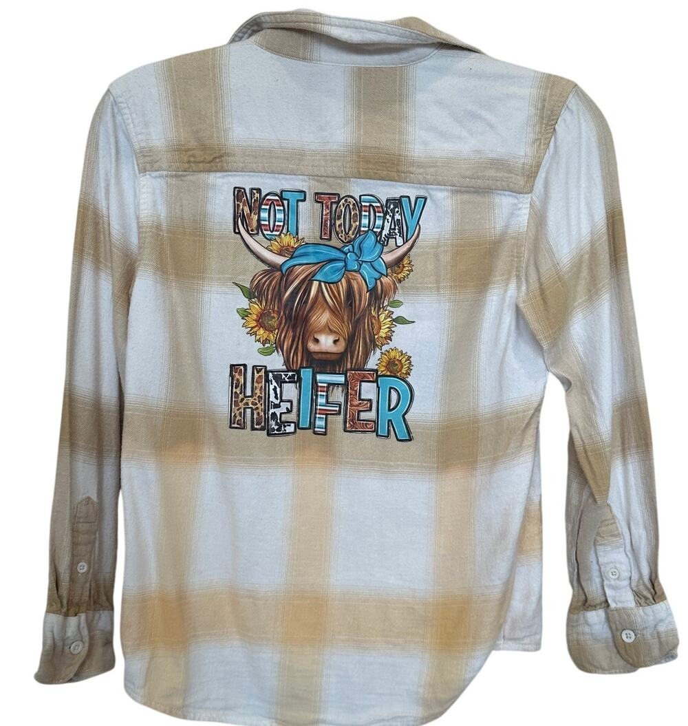 Highland Cow Plaid Flannel Button Down Shirt Kids LARGE Unique Not Today Heifer